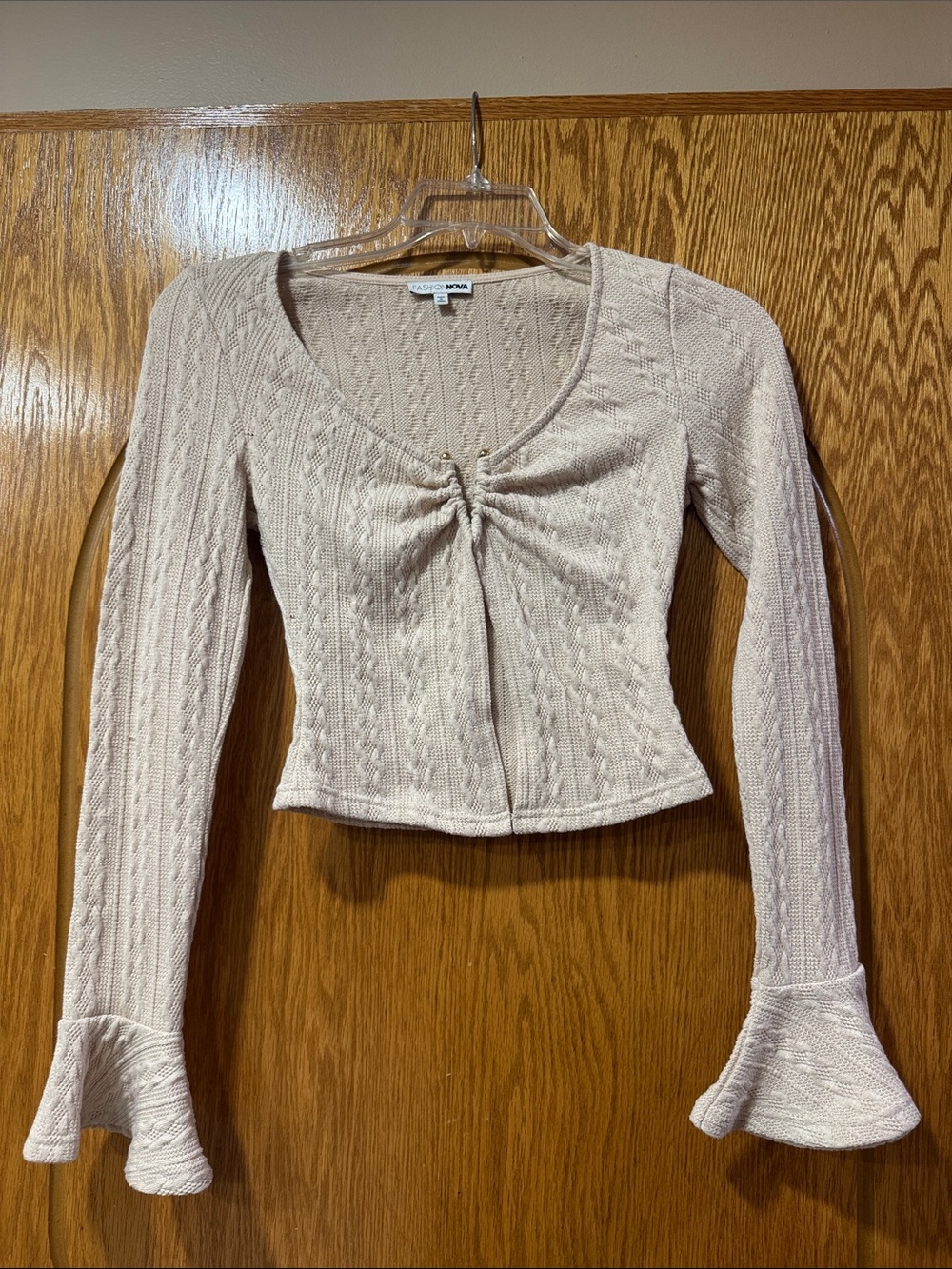 Fashion Nova Beige Knit Tie-Front Long Sleeve Top
